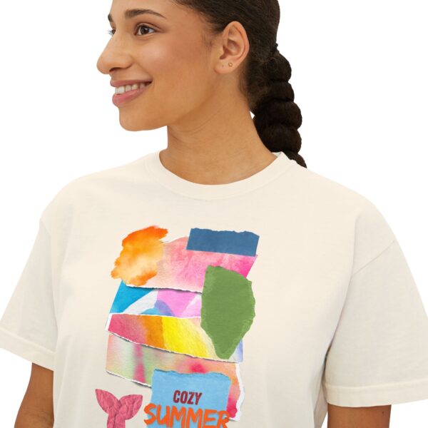 Cozy Summer Boxy Tee – Vibrant Watercolor for Women